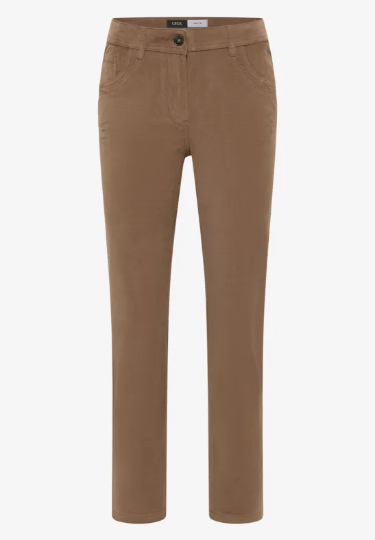 Braune, gerade geschnittene Hose mit Taschen und Knopfverschluss.