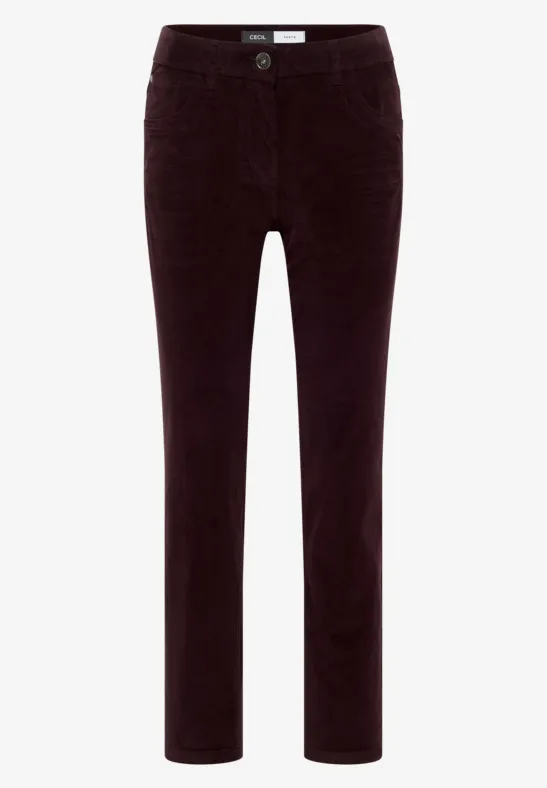 Pantalon en velours côtelé bordeaux, coupe ajustée et jambes droites