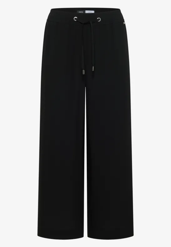 Schwarze, weite Hose mit Tunnelzug und geradem Bein