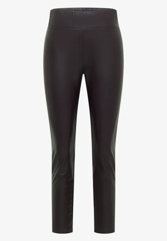 Schwarze, schmale, knöchellange Leggings aus glänzendem Material mit hohem Bund.