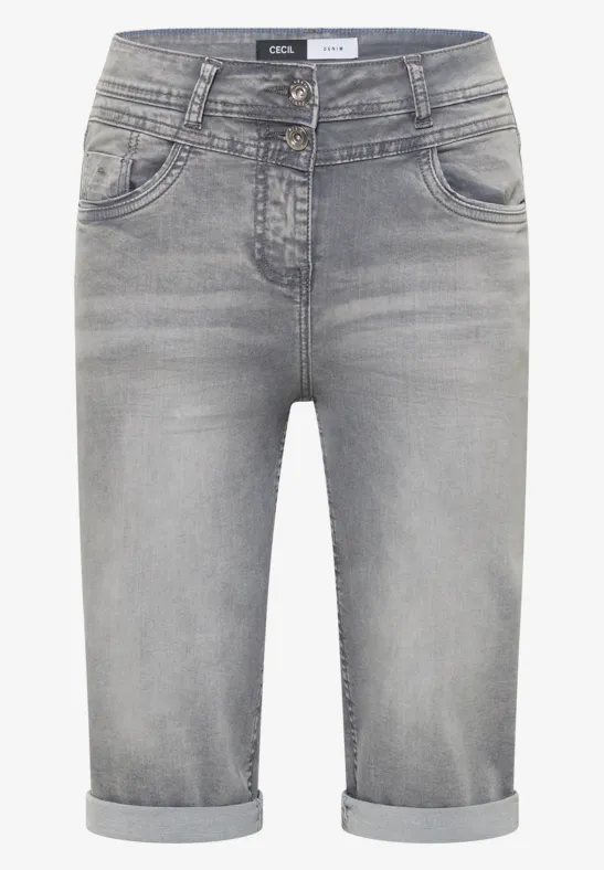 Grijze knielange jeansshort met omslag, vijf zakken, riemlussen en knoop- en ritssluiting.