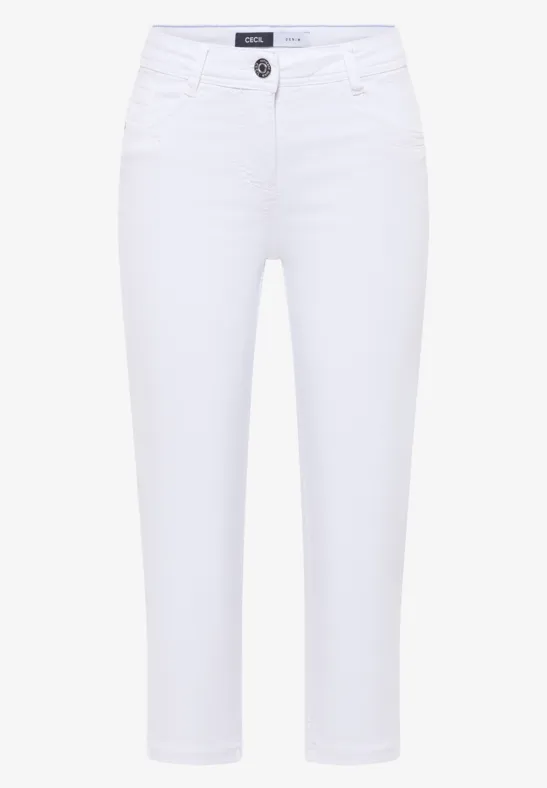 Weiße, knöchellange Damenhose mit schmalem Schnitt und Knopfverschluss.