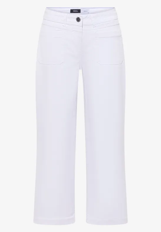 Witte damesspijkerbroeken culotte, wijd model met zakken en knoopsluiting.