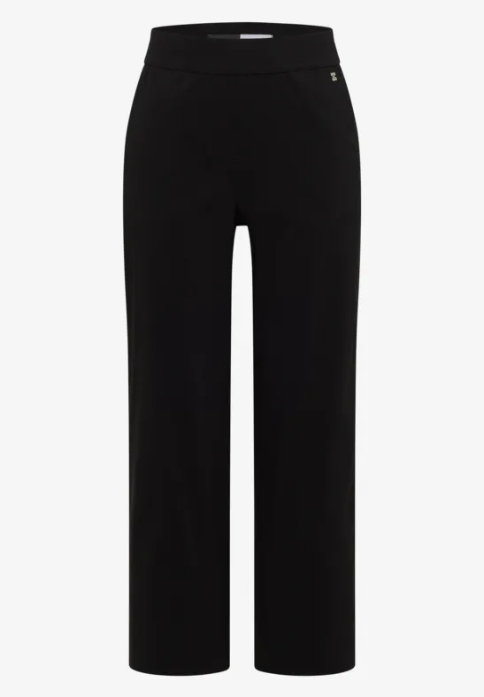 Zwarte damesbroek met hoge taille, rechte pasvorm en wijde pijpen.
