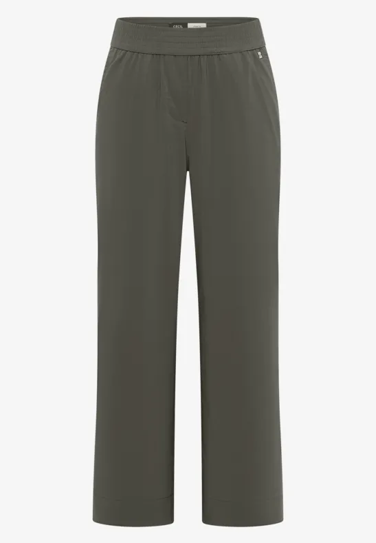 Donkergrijze, recht gesneden vrijetijdsbroek met elastische tailleband en zijzakken.