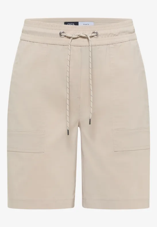 Beige katoenen korte broek met elastische taille, trekkoord en opgestikte zakken, knielang.