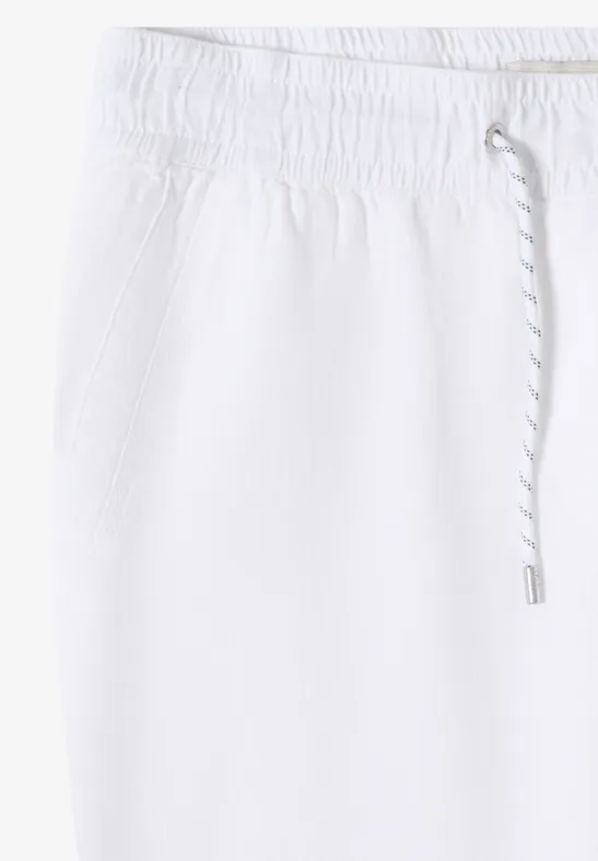 Weiße Jogginghose mit elastischem Bund, Kordelzug und Taschen.