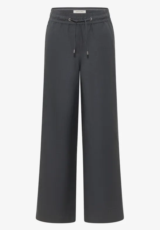 Schwarze Damenhose mit weitem Bein und Tunnelzug am Bund