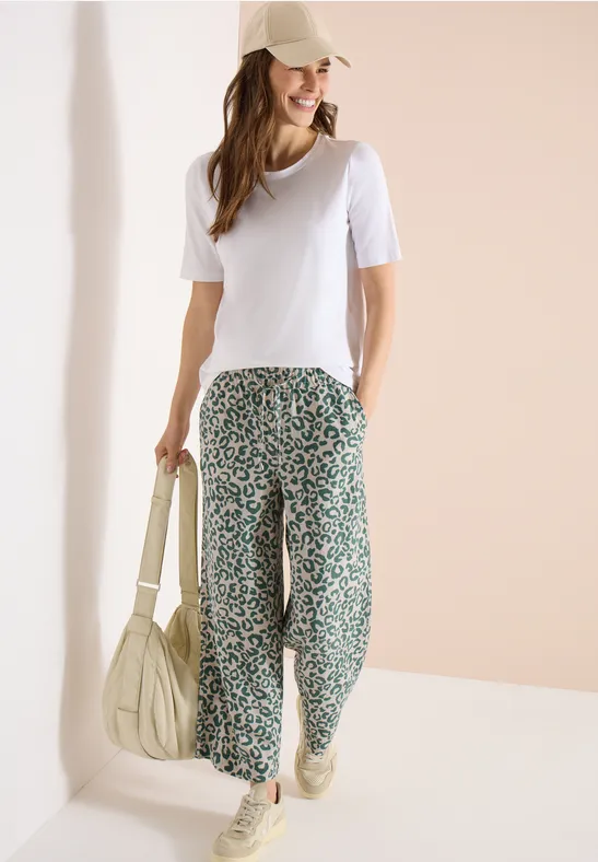 Wide Leg Hose aus Leinenmix im Leoprint macadamia beige