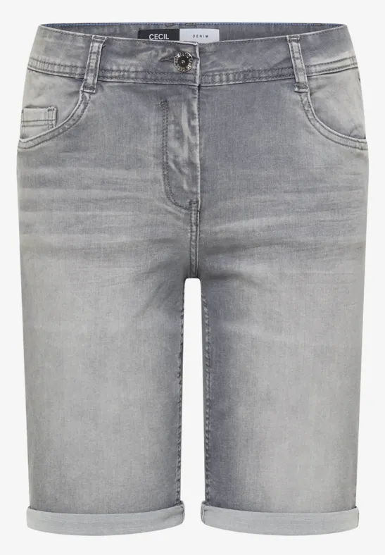 Graue Jeans-Shorts mit Taschen, Gürtelschlaufen und umgeschlagenem Saum.