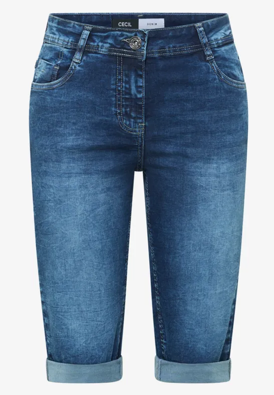 Dunkelblaue Jeans-Bermudas mit Umschlag und klassischem Five-Pocket-Design.