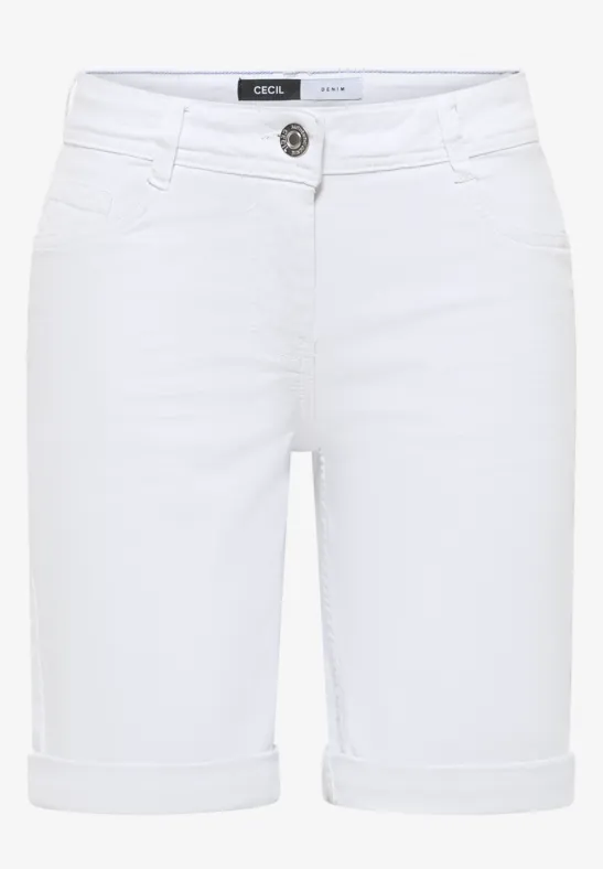 Weiße Denim-Shorts mit Umschlagbund und Knopfverschluss