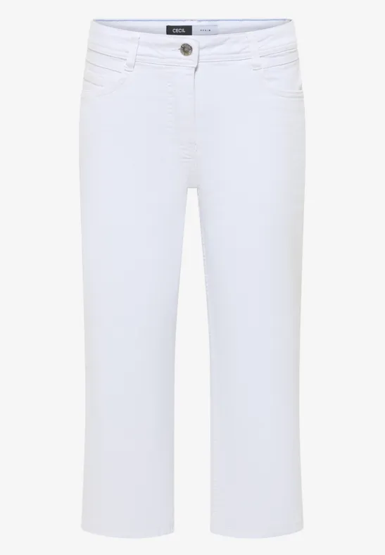 Witte capri-leggings voor dames, vijf zakken, knoop- en ritssluiting, rechte, knielange pasvorm.