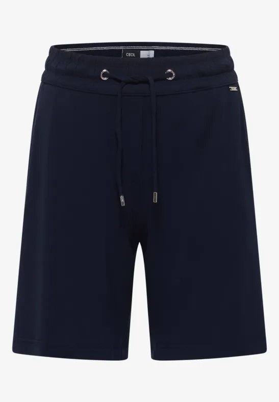 Dunkelblaue, knielange Sweatshorts mit elastischem Bund und Kordelzug.