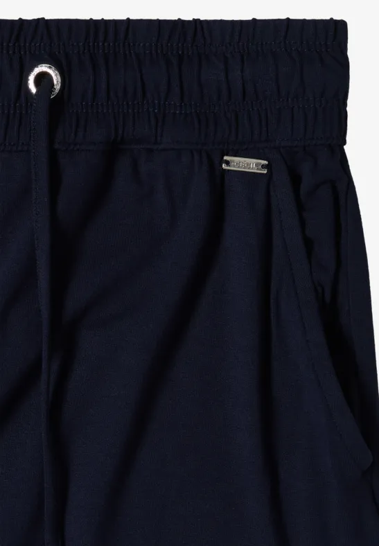 Dunkelblaue Jogginghose mit elastischem Bund, Tunnelzug und Seitentaschen.