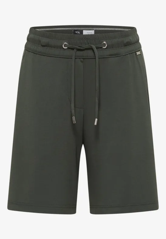 Dunkelgrüne Baumwoll-Shorts mit elastischem Bund, Tunnelzug und aufgesetzten Taschen.