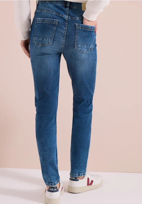 High Waist Slim Leg Jeans im Slim Fit mid blue used wash