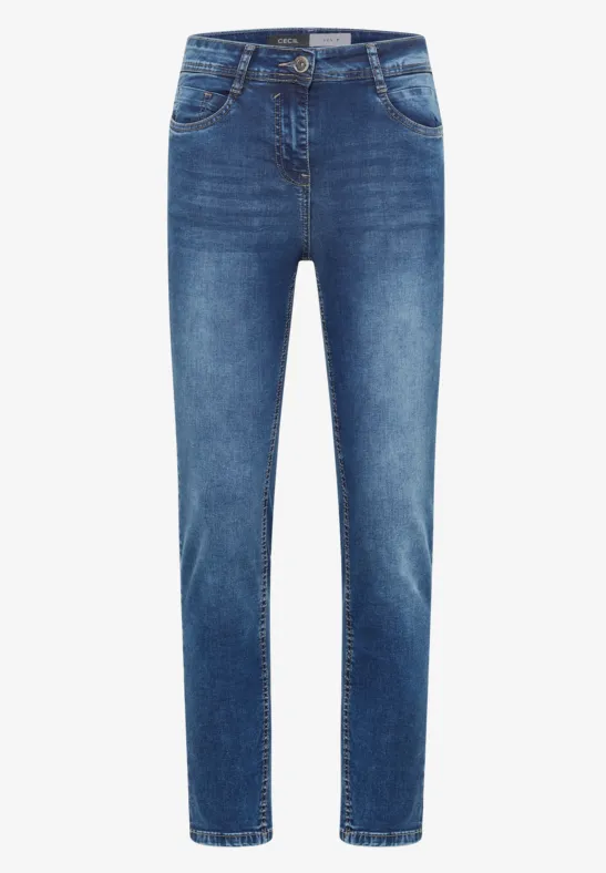 High Waist Slim Leg Jeans im Slim Fit mid blue used wash