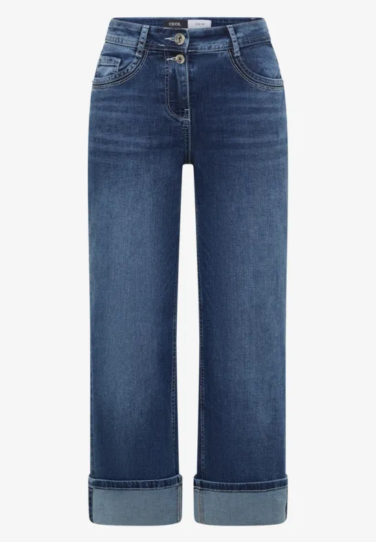 High Waist jeans met wijde pijpen in Slim Fit mid blue wash