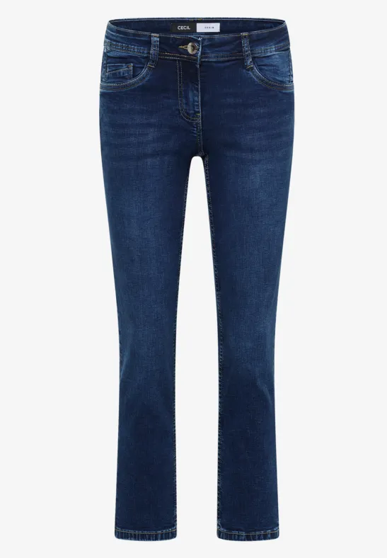 Jean bleu foncé à coupe droite avec cinq poches classiques.