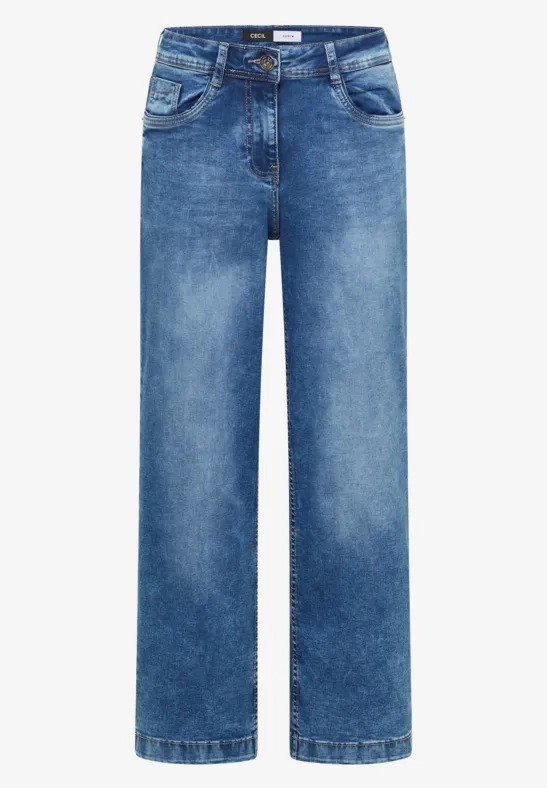 Blaue Jeans mit geradem Bein, mittlerer Waschung, klassischem 5-Pocket-Design und Gürtelschlaufen.