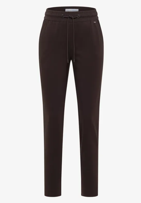 Schlanke braune Freizeithose mit elastischem Bund und Kordelzug