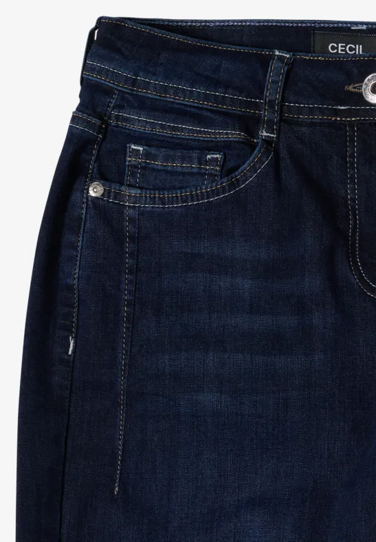 Dunkelblaue Denim-Jeans mit hoher Taille und dekorativen Nähten