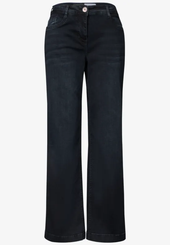 Schwarze High-Waist-Jeans mit weitem Bein und Knopfverschluss.