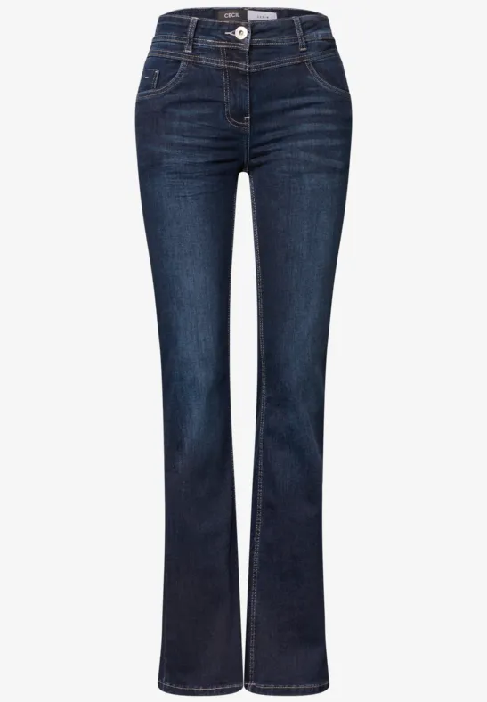 Dunkle, hochgeschnittene Damenjeans mit geradem Bein, Knopfverschluss und typischen Ziernähten.