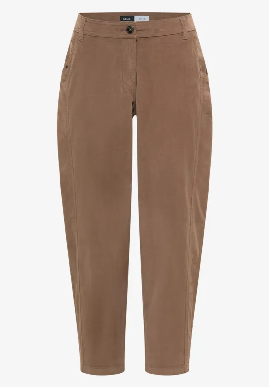 Lockere braune Hose mit geradem Bein, Knopfverschluss und seitlichen Eingrifftaschen.