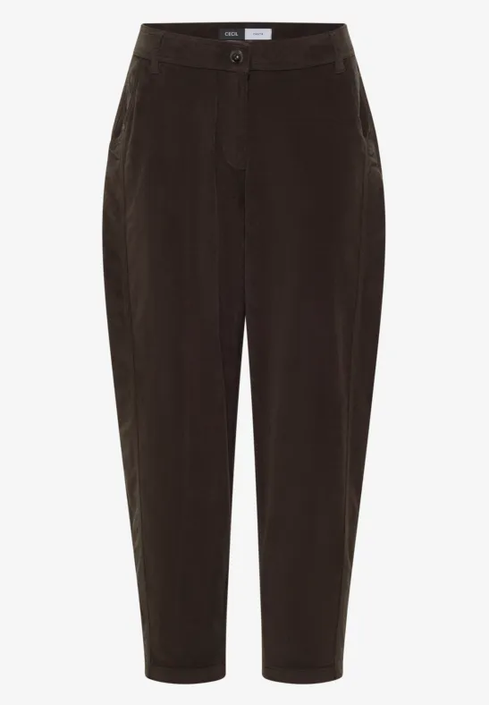 Dunkelbraune, gerade geschnittene Hose mit hohem Bund und Seitentaschen.