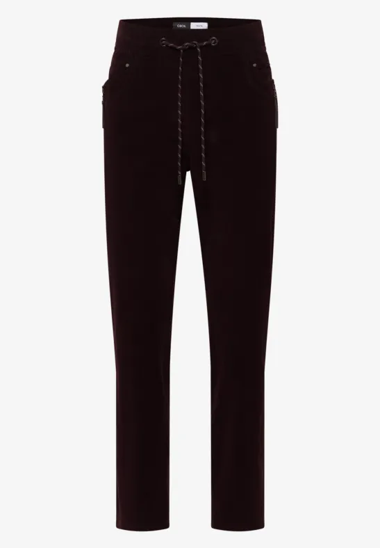 Dunkle Cordhose mit Kordelzug in der Taille, gerader Schnitt und seitlichen Eingrifftaschen.