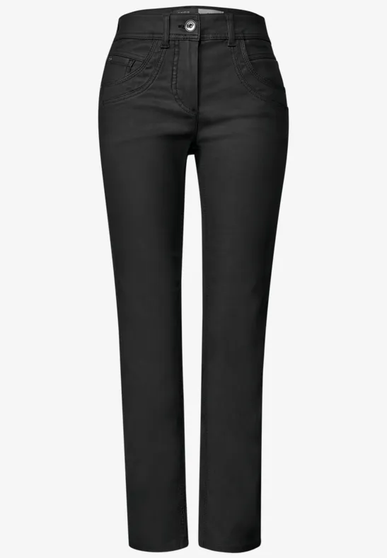Schwarze, gerade geschnittene Jeanshose mit hohem Bund und Knopfverschluss.