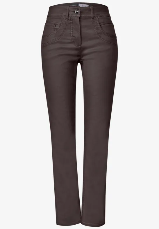 Dunkle, gerade geschnittene Damenjeans mit hohem Bund und schmalem Bein.