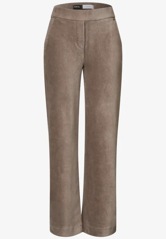 Pantalon marron en velours côtelé, coupe droite et taille haute.