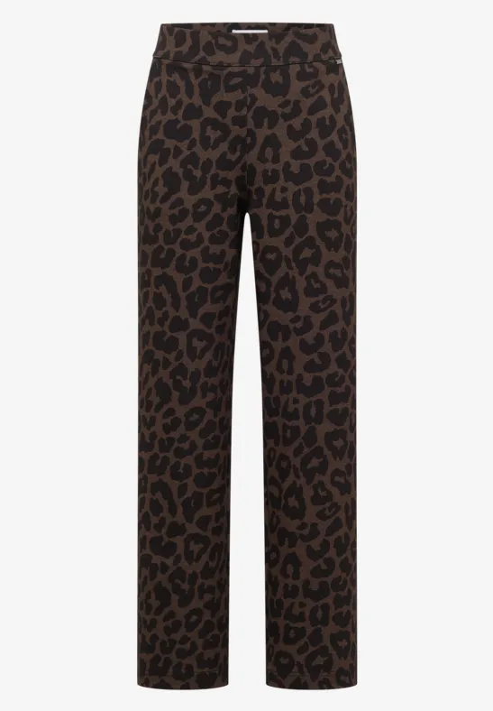 Braune Damenhose mit durchgehendem Leopardenmuster und geradem Schnitt.