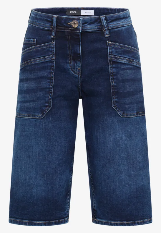 Donkere denim kortebroek tot op de knie met steekzakken en knoopsluiting