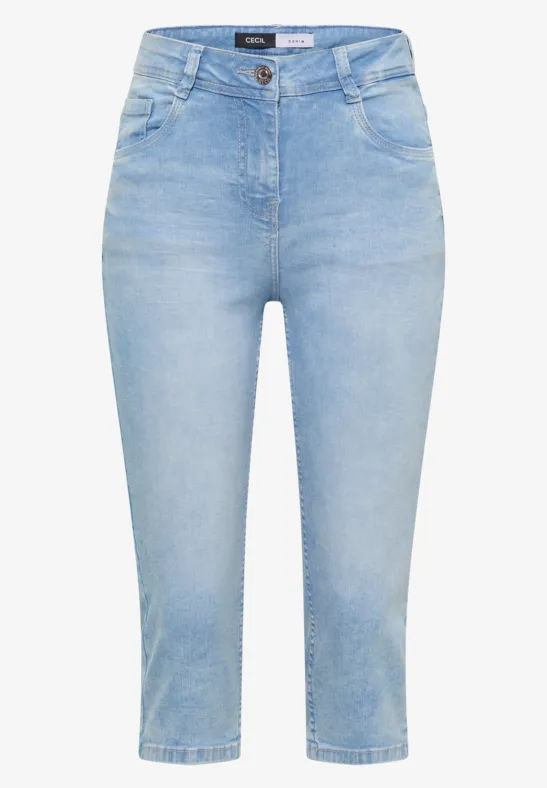 Helle, knöchellange Damenjeans mit engem Schnitt, fünf Taschen und Knopfverschluss.