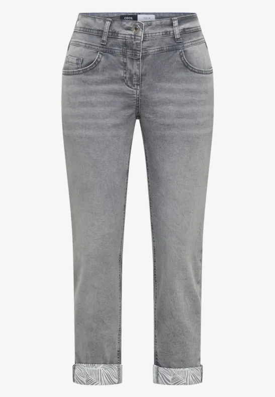 Grijze jeans met rechte pijpen, omslagzoom, mid-rise taille en klassieke 5-pocketstijl.
