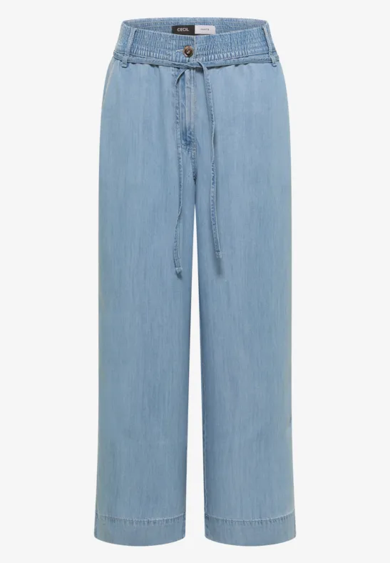 Lichtblauwe, wijde jeansbroek met hoge taille, koordsluiting en rechte pijpen.