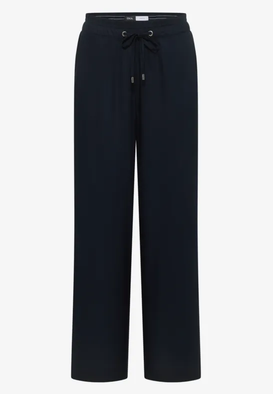 Schwarze, lockere Stoffhose mit Tunnelzugbund und geradem Schnitt.