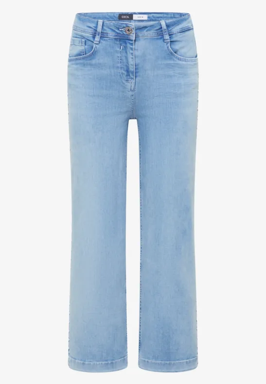 Hellblaue Jeans im lässigen, geraden Schnitt mit fünf Taschen und Knopf- und Reißverschluss.