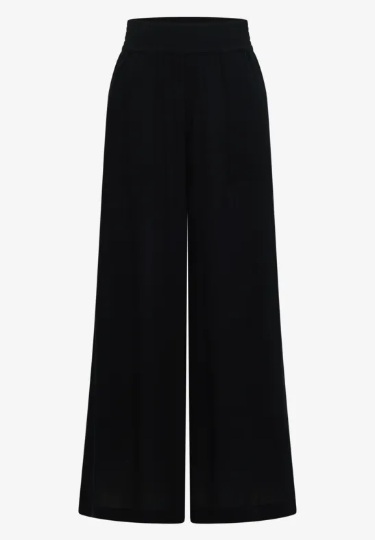 Zwarte, wijde broek met hoge taille en brede pijpen