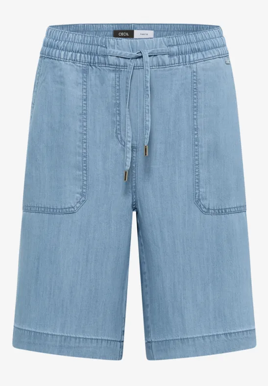 Helle Jeans-Bermuda mit elastischem Bund, Tunnelzug und aufgesetzten Taschen.