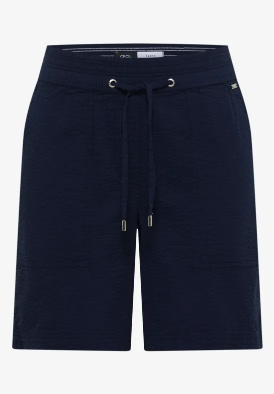 Dunkelblaue Bermudashorts mit elastischem Bund, Kordelzug und leicht strukturierter Oberfläche.