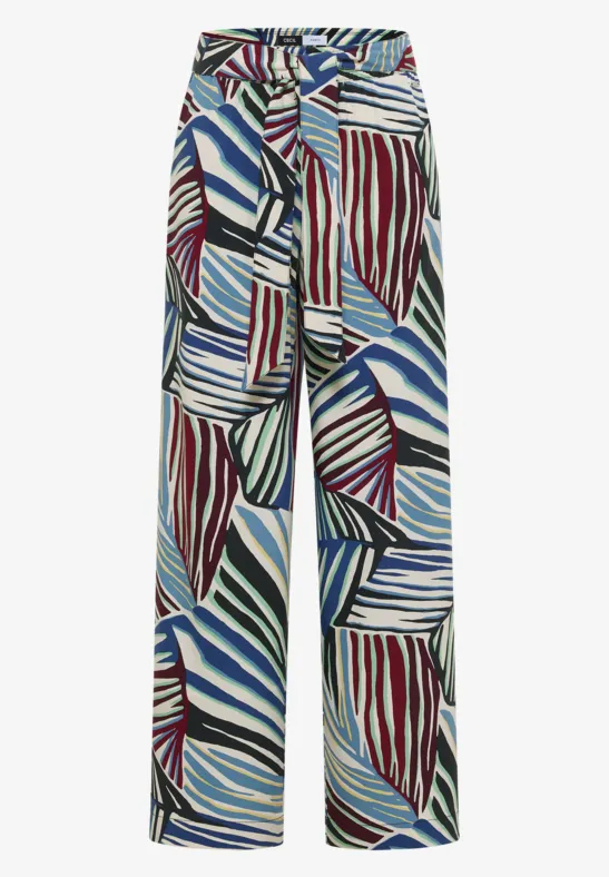 Pantalon ample en tissu fluide avec motif abstrait multicolore et taille haute.