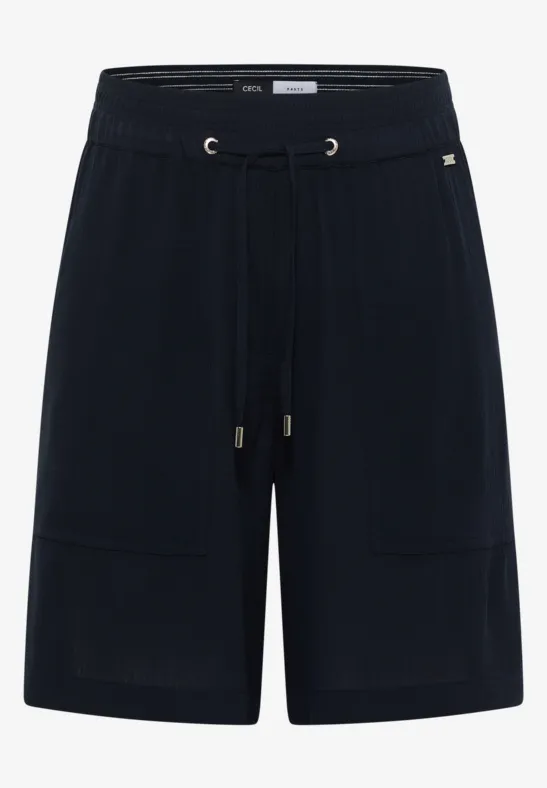 Donkerblauwe vrijetijdsshorts met elastische taille, trekkoord en opgenaaide zakken.