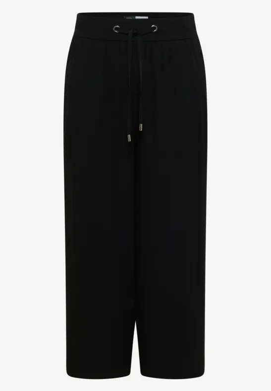 Zwarte, losse broek met aantrekkoord, rechte pasvorm en enkellange wijdte.