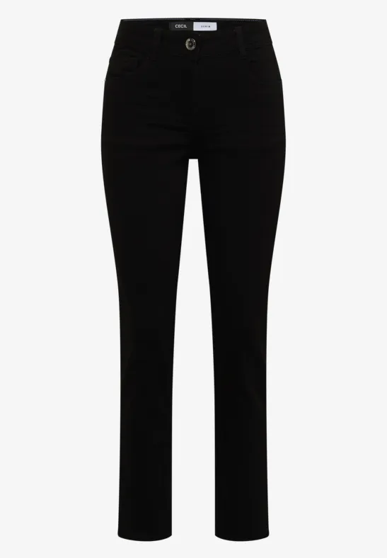 Pantalon noir droit taille haute avec fermeture éclair et bouton à l’avant.