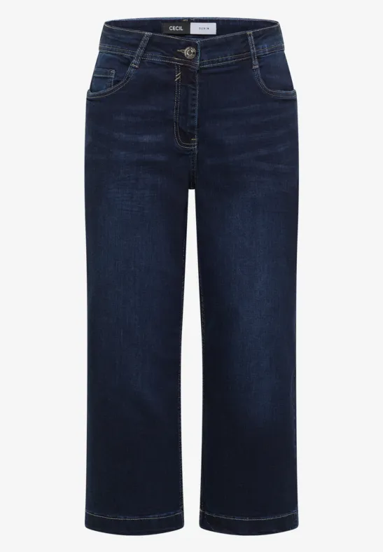 Dunkelblaue, hochgeschnittene Jeans mit weitem, verkürztem Bein und sichtbaren Nähten.